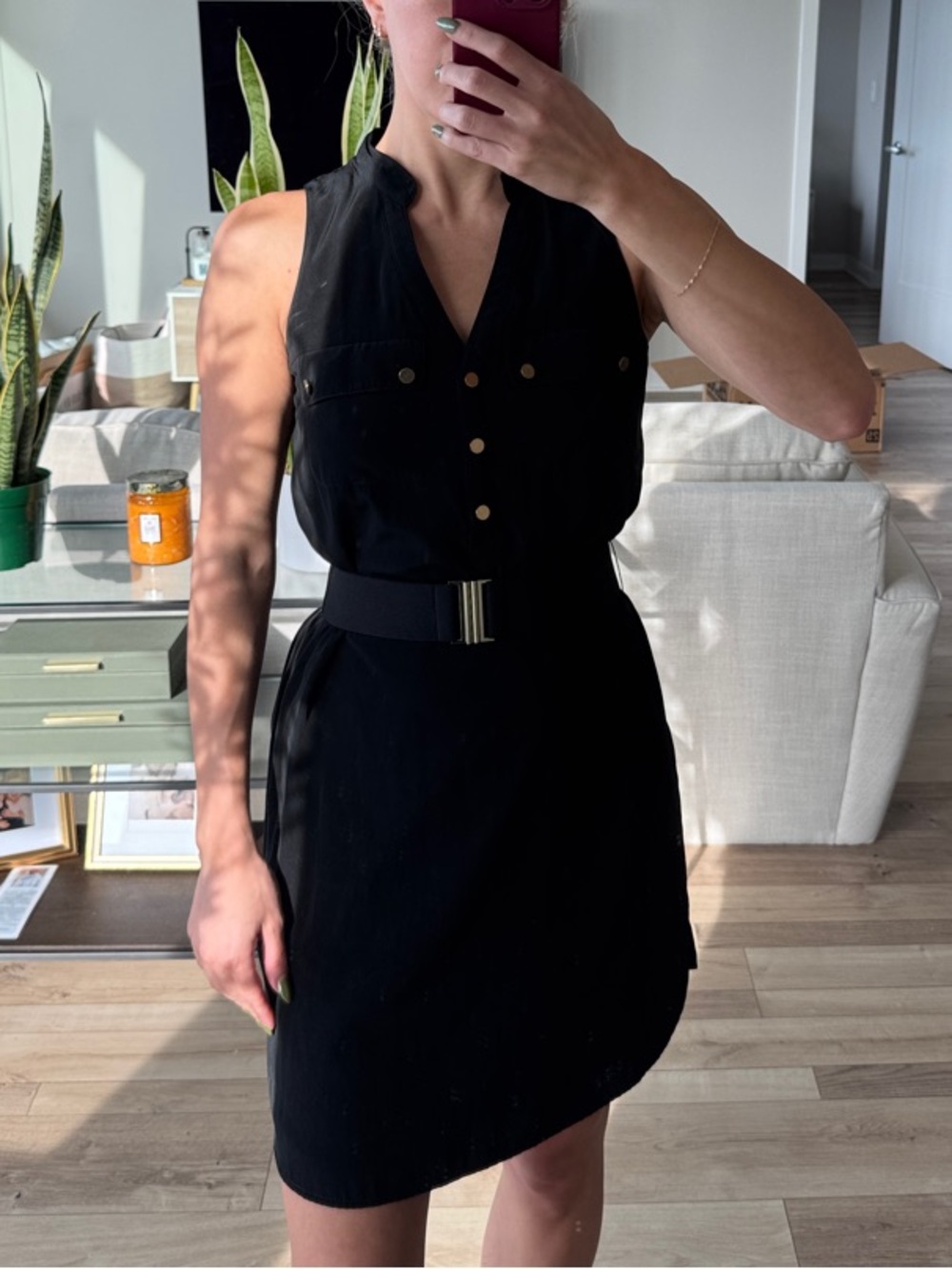 Express Black Sleeveless Button-Front Belted Mini Dress